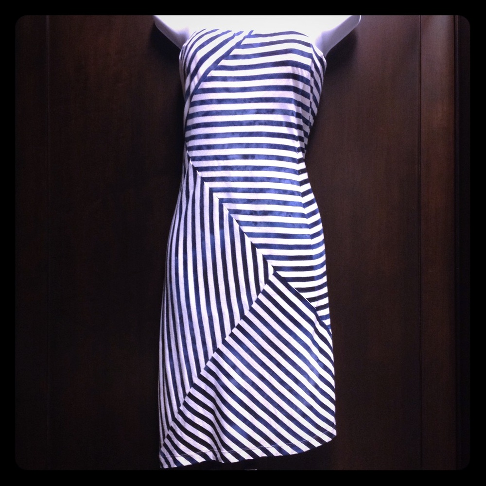 BCBG Striped Navy and White Sleeveless Asymmetrical Dress